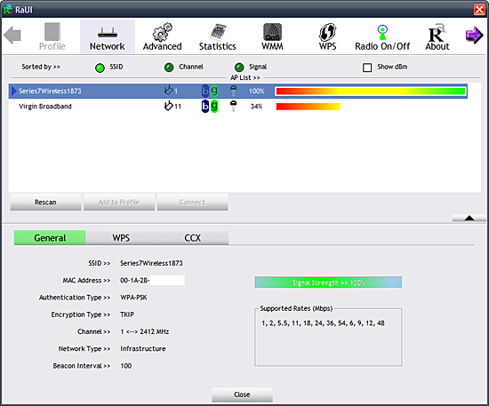 Ralink Wireless Adapter connected to the 3GW9T Gateway Ralink Wireless Utility