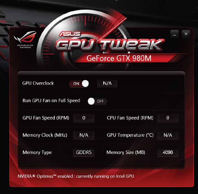Third party utiliites are not needed to tweak or overclock the GPU in ROG notebooks, ASUS's own GPU tweak tool derived from their desktop GPUs provided notebook centric functionalilty. asus rog notebook gpu tweak