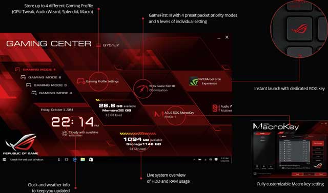 ASUS ROG Notebook 'Gaming Center' software allows an overview from the desktop of system health and quick access to tweaking tools asus rog notebook gaming center software