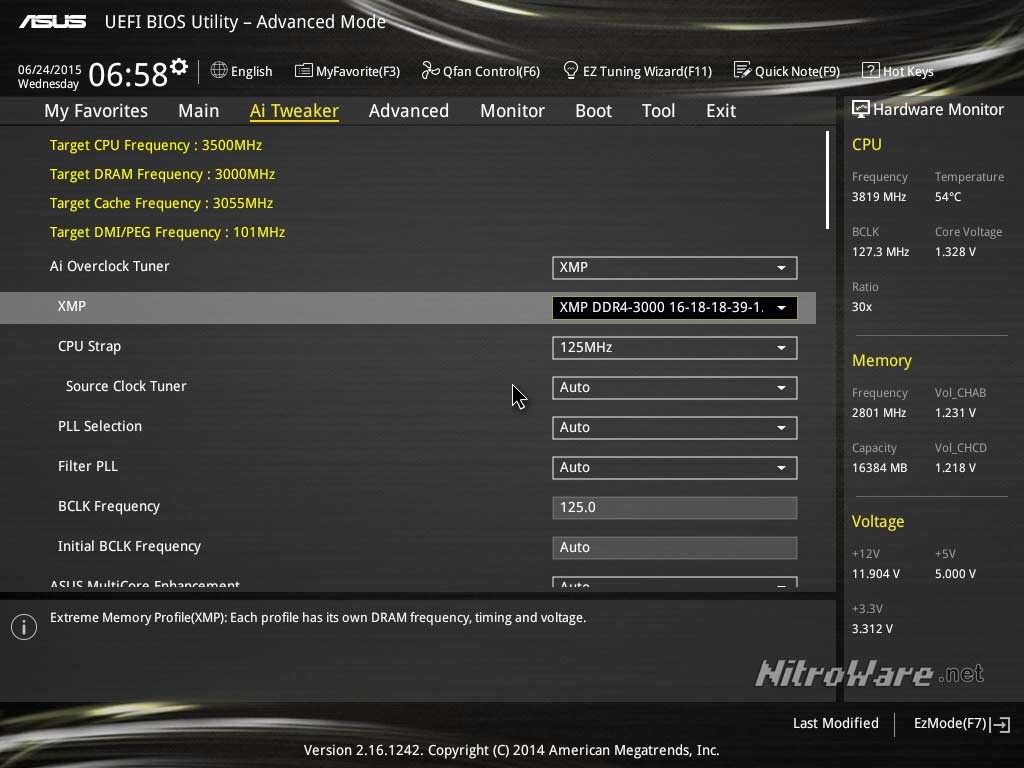 For DDR4-3000, The even 125 BCLK is used resulting in no CPU overclock, however we still have boosted the BCLK and the RAM is really sold as a 2800 kit at C16 latency timings. The 3000 mode is a free bonus with higher latency. asus x99 ddr4-3000 bclk and strap