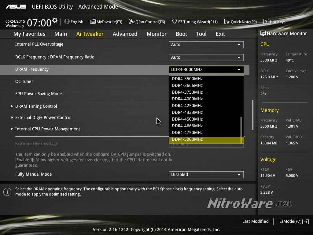 Higher end boards such as the ASUS X99-A/USB 3.1 Transfer Express we use for testing support very high RAM speeds up to DDR4-5000MHz, however such speeds are crazy overclocks at this time and are not practical from both a support, stabililty or RAM avalibilty point of view. The 3000-4000 MHz range is considered the top end of practical right now. ASUS X99 BIOS DDR4-5000