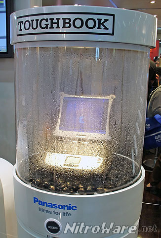 Panasonic’s now infamous Tough book water test – press the button and the laptop will operate under water.
