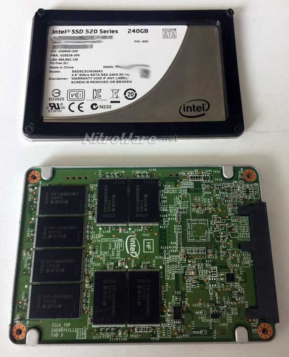 Intel SSD 520 series "Cherryville" 240GB model dissaembled showing the older style flash packages common at the time and custom Intel PCB. The Controller is on the bottom side. intel 520 series pcb cherryville