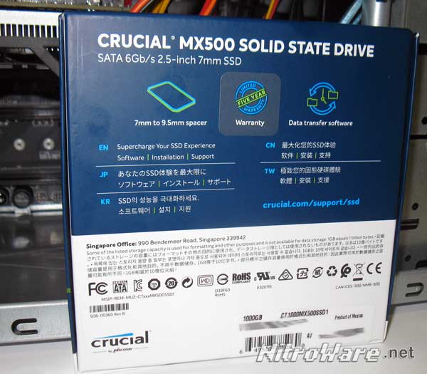 The retail package for the MX500 directs the user to the Crucial website for data migration and software download. These instructions are very vague compared to older Crucial drives which at least bundled a flyer and CD key for the software. On the MX500 box itself theres hardly any mention inside or out perhaps intentionally not to confuse an entry level consumer. However power users would miss the free software when tossing the box. In contrast the Samsung 850 and 860 series bundle TOO MUCH paper in their retail boxes and has the same affect, gets tossed immedately.. Acheving the right messaging and mix can be tricky. crucial mx500 box back