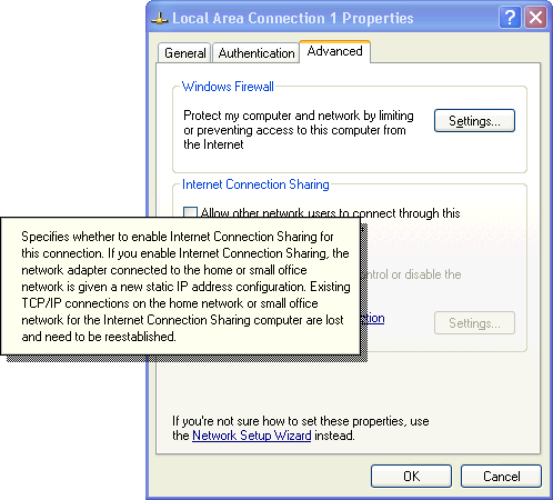 Windows XP ICS Setup, showing descriptive tooltip Windows XP ICS Setup, showing descriptive tooltip