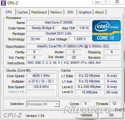 Intel i7-3960X overclocked using the 1.25x ratio provided in the DX79SI Motherboard's 0380 BIOS version gear125_cpuz1