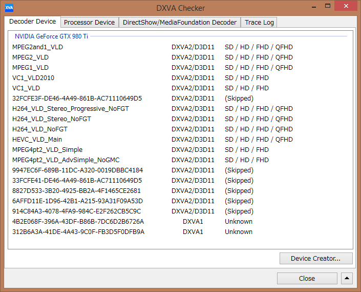 DXVA Checker utility - NVIDIA GTX 980 Ti with 353.06 launch day driver. We only have the usual basic H.264/HEVC support here DXVA Checker utility - NVIDIA GTX 980 Ti