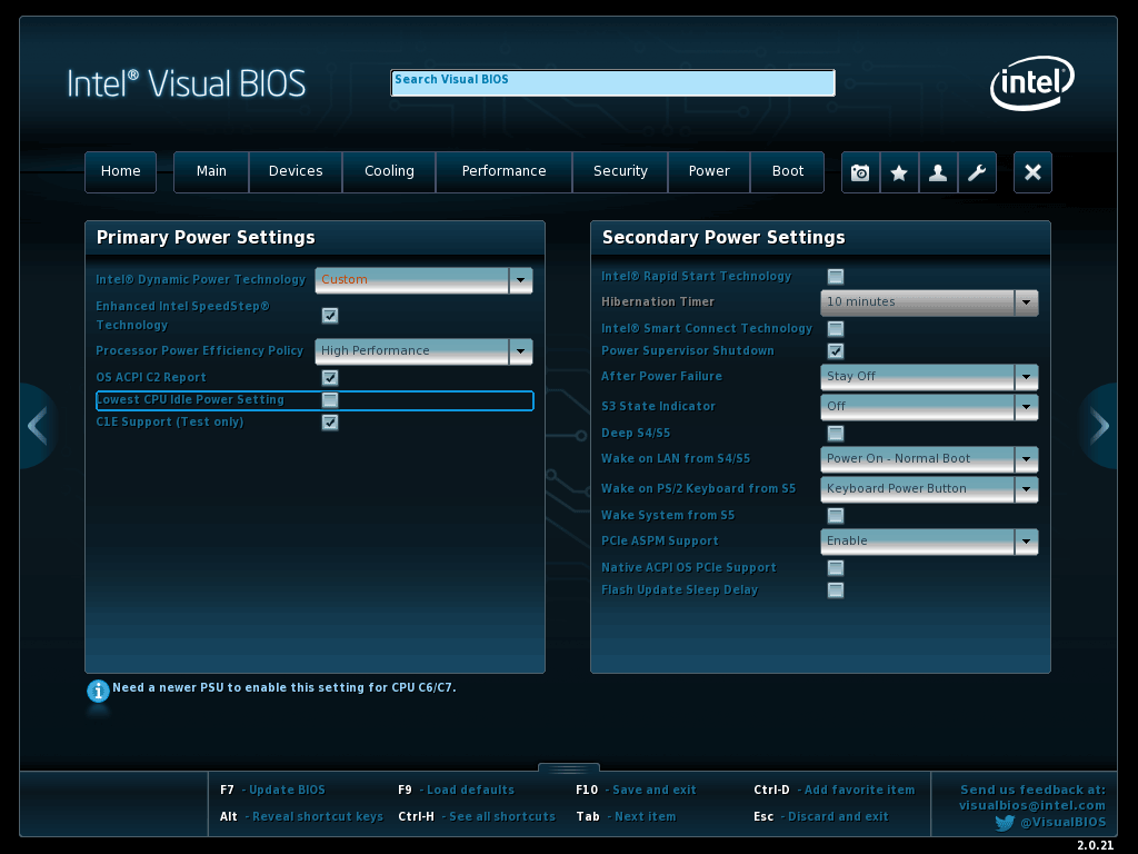 Intel Visual BIOS 2.0 - DZ87KLT-75K Kinsley Desktop Board Power Settings Haswell C6/C7 BIOS setting