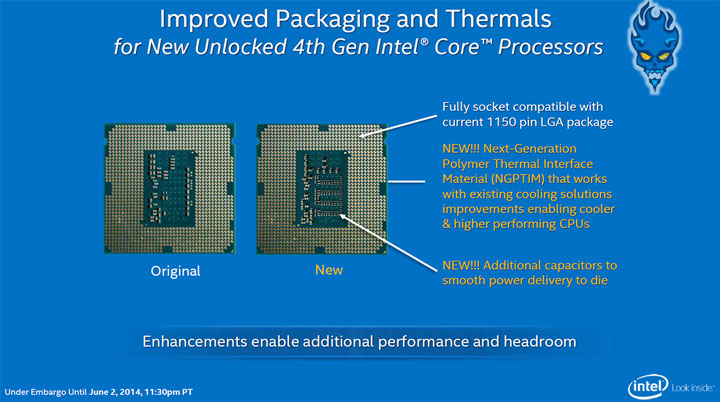 Intel has improved the chip packing on Devil's Canyon to rekindle enthusiast interest and to test upcoming methods Intel Core i7-4790K Haswell Devil's Canyon Package and Thermal Material. A new 'Devil' Enthusiast brand logo too !?