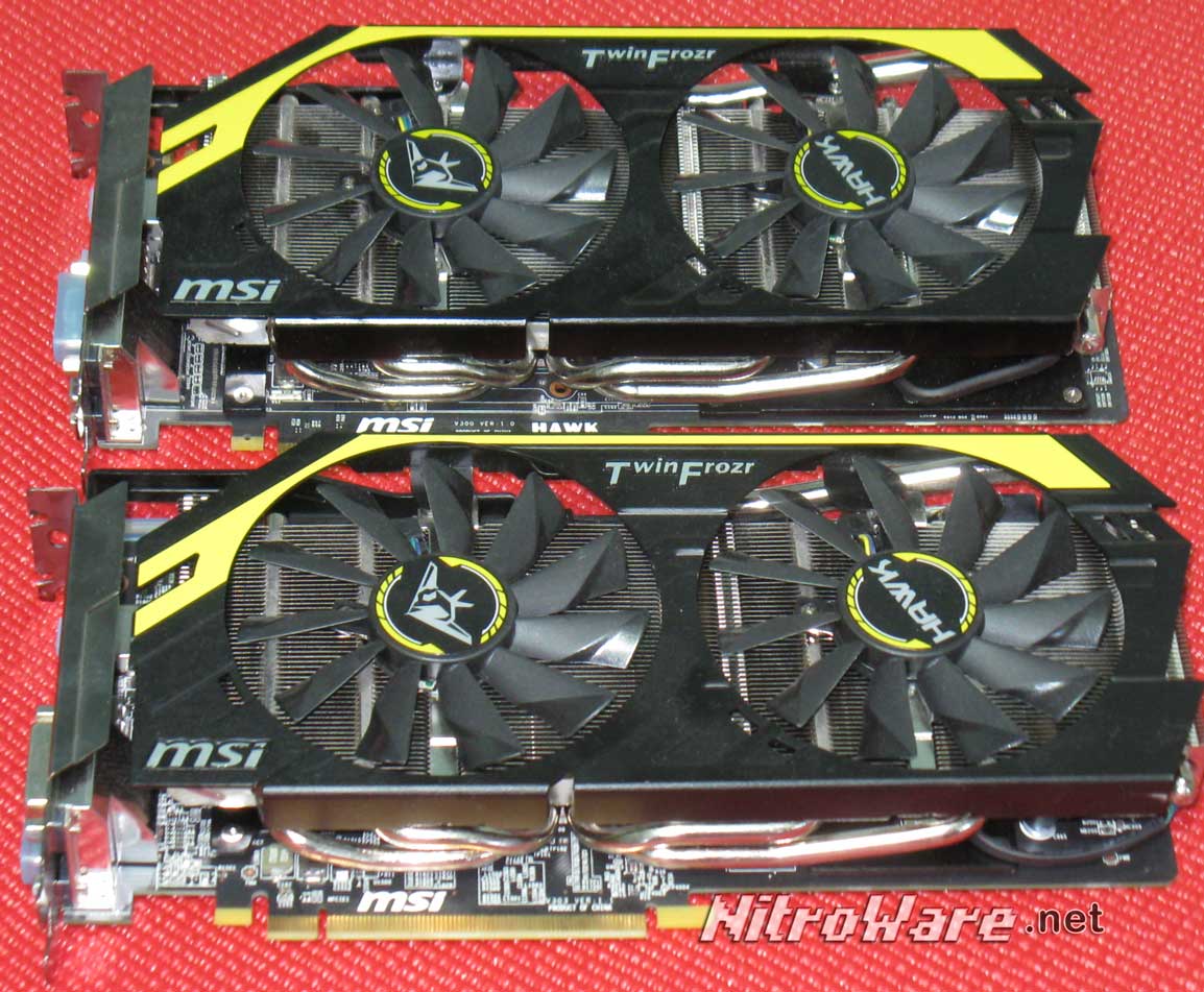 Top: MSI N760 HAWK Bottom: MSI R9 270X HAWK. Without looking at the backplate or ID sticker, the Telltale is the RADEON card is higher. Sime branding on the card edge would be appreicated by Enthusiasts Top: MSI N760 HAWK Bottom: MSI R9 270X HAWK.