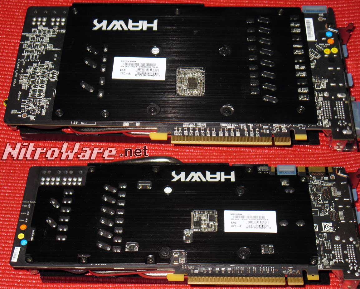 Top: MSI N760 HAWK Bottom: MSI R9 270X HAWK. Here we see the design differences between AMD and NVIDIA, the power supply location is mirrored for example. Top: MSI N760 HAWK Bottom: MSI R9 270X HAWK
