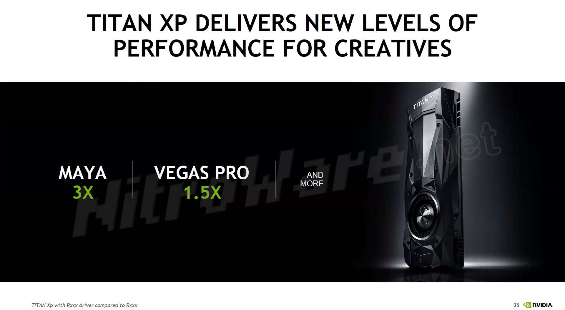 NVIDIA claims a 3X speedup for Maya and 1.5X speedup for Vegas Pro when their new content creator driver is used with a TITAN Xp NVIDIA TITAN Xp content creator driver