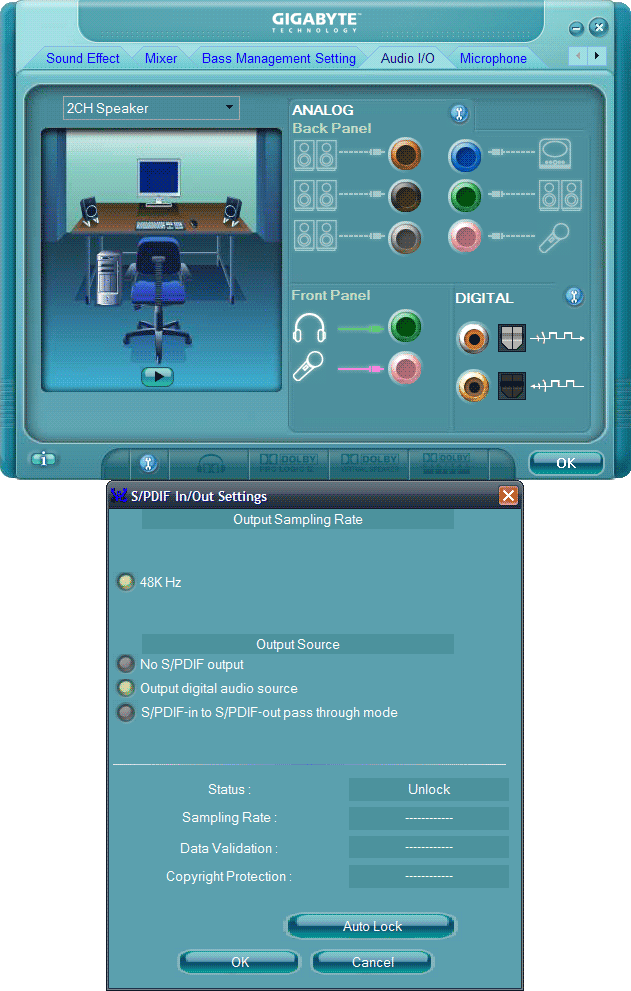 Realtek HD Audio Manager for Windows XP - Release 2.44. Bass managment and Dolby effects are avalible but sampling rates for digital audio out are locked to 48KHz realtekl_244_xp