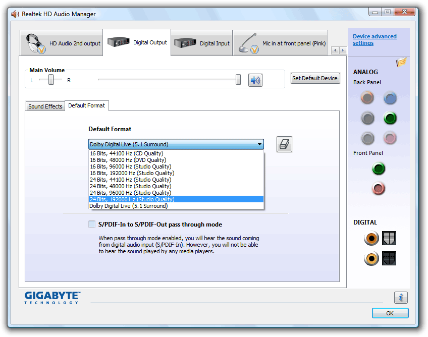 Realtek HD Audio Manager for Windows Vista/7 Release 2.47 showing the settings for Digital Output and Dolby Digital Live realtek_vista6