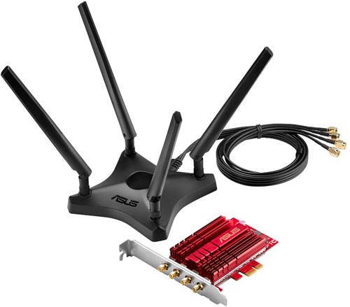 ASUS brings the fastest current 802.11AC speeds to desktop PCs with their AC88 adapter, but the catch of the device is its antenna array, which despite a long cable and magnetic base, should be placed in an optimal position. Having an external cable and antenna somewhat defeats the purpose of wireless. The older PCE-AC66 AC1750 3 antenna adapter can transfer at 60MB/s in ideal conditions. ASUS PCE-AC88 AC3100 Dual-Band PCIe Wi-FiAdapter