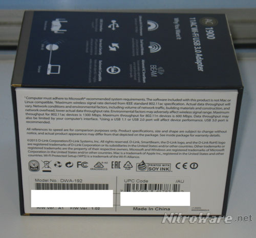 D-Link DWA-192 detailed Wi-Fi specs on box. dwa 192 3