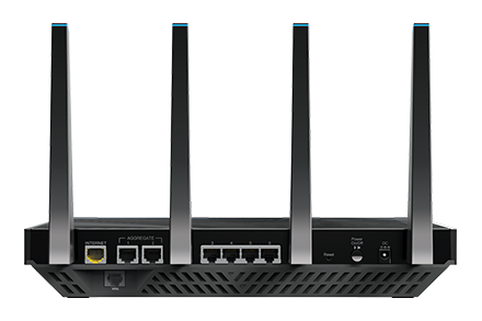 The NETGEAR D8500 Nighthawk X8's Eight rear LAN ports- the modem/phone line port is at the bottom because the D8500 is a R8500 modified with an addon xDSL modem, no where else to put the port ! netgear D8500 back