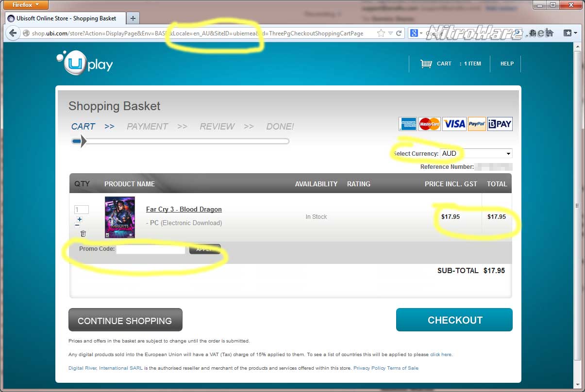 Australian users get directed to the EMEA store as shown by the URL plus a field to input a promo code but no "redeem" hyperlink