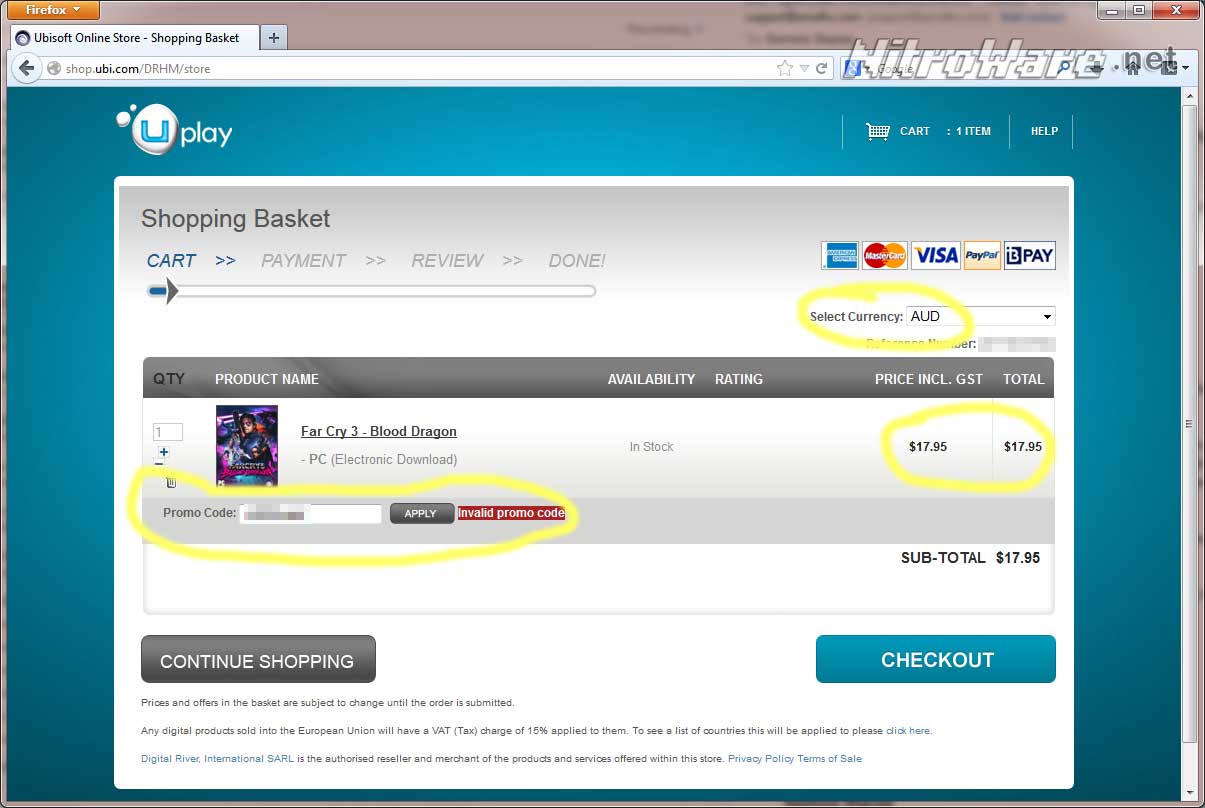 With an Australian IP address, our valid game code was rejected. Note how the game price hasn't been discounted to $0