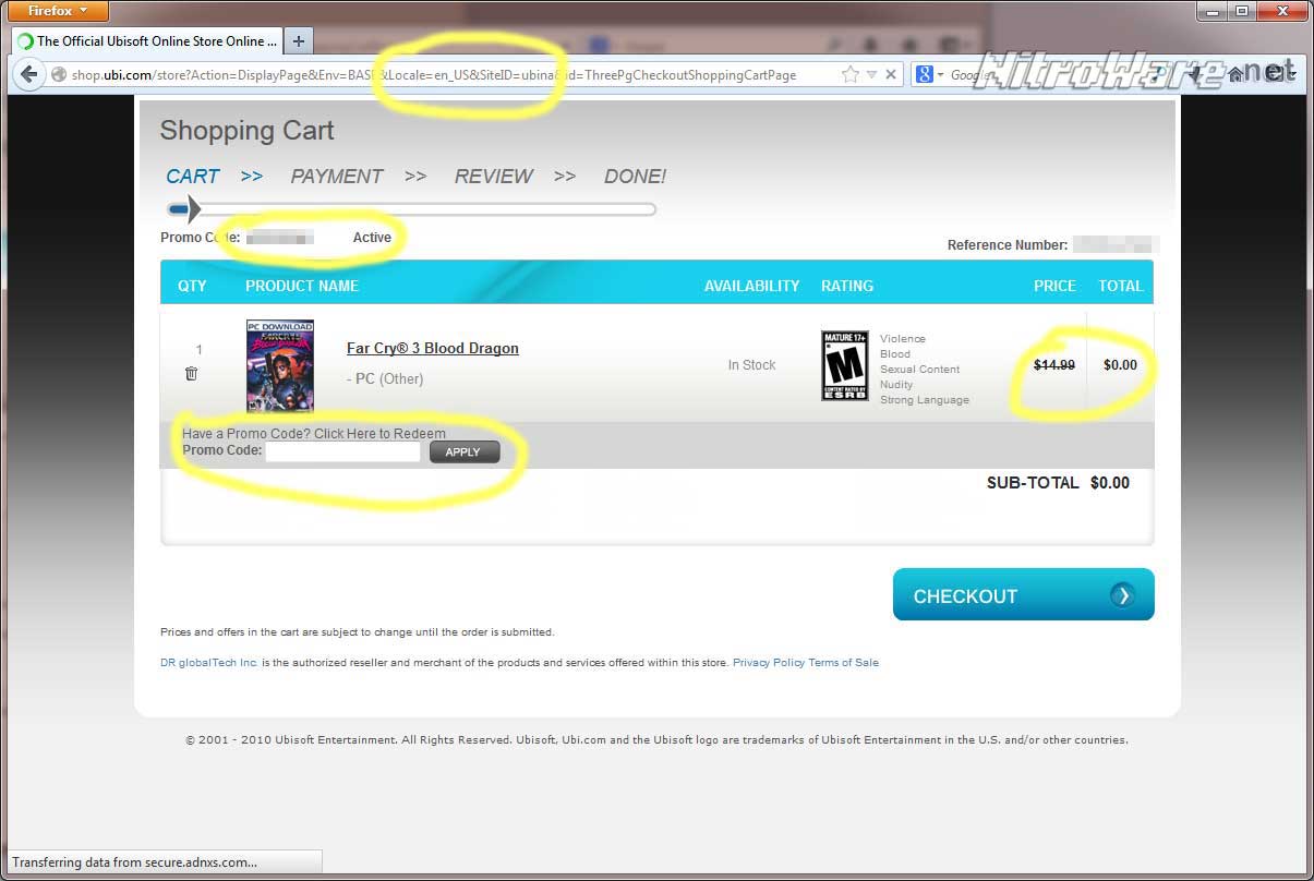 When our game codes are entered into the Ubi (US) shopping cart as instructed by AMD, our game codes are accepted, flagged as active and the price discounted to $0. We can then proceed with a suitable billing address.