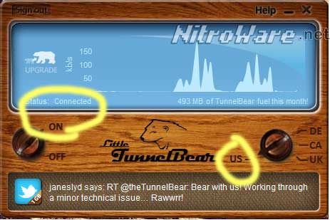 Tunnelbear VPN set to US Connection and connected.
